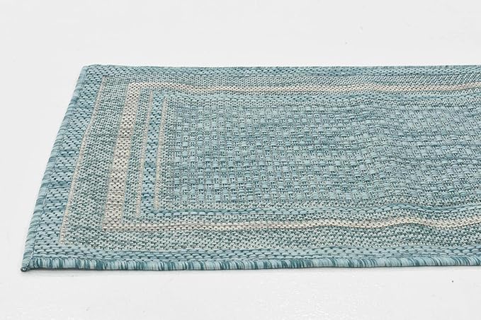 Unique Loom Outdoor Border Collection Area Rug - Soft Border (2'x 6' 1" Runner, Aquamarine/ Ivory)