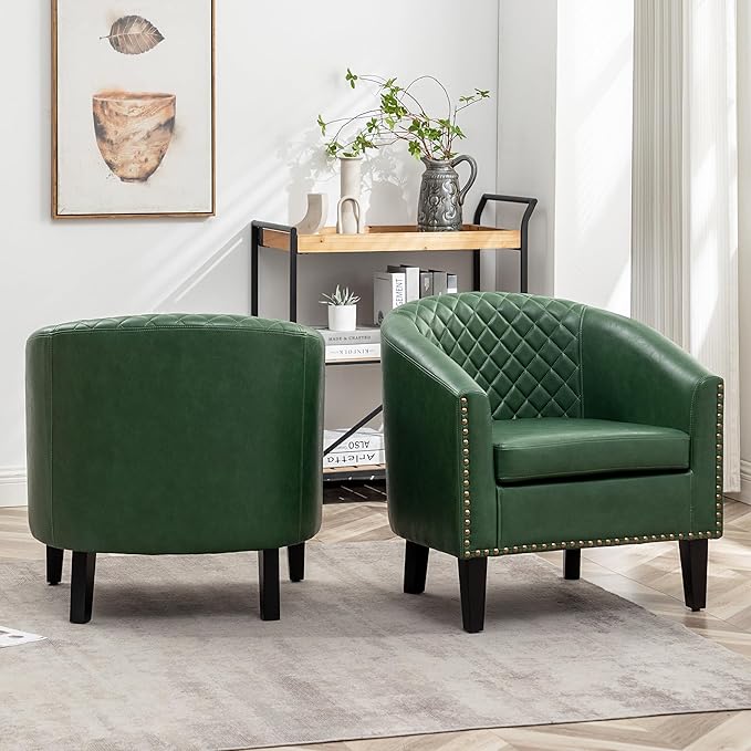 KINWELL 29" W Faux Leather Barrel Chairs Set of 2, Modern PU Upholstered Tufted Club Chairs with Nailhead Trim, Small Armchairs Accent Chairs for Living Room Bedroom Apartment Lounge Nursery, Green