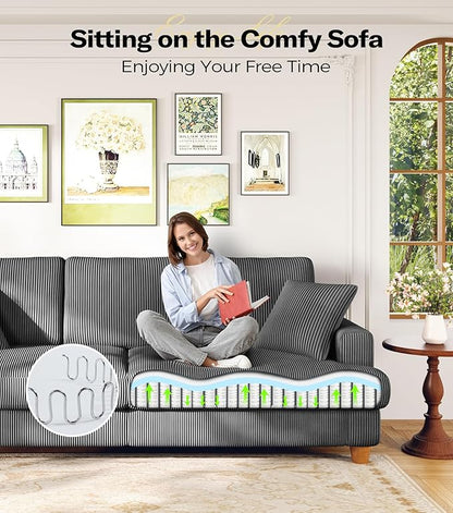 Kidirect 87in Corduroy Couch, Sofa No Tool Assembly, Comfy Couches for Living Room 21in Deeper Seats, Corduroy Sofas for Living Room with 2 Pillows, Oversized Loveseat Sofa, Boho Love Seat Grey Couch