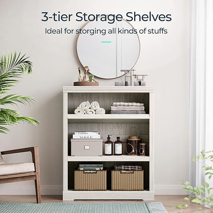 LINSY HOME 3-Tier Bookcase and Bookshelf, Small Wood Display Storage Shelves Farmhouse Bookshelf for Home Office, Living Room, Bed Room - White Oak