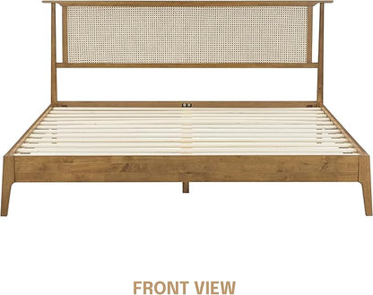 NTC Ruby Wooden Bed Frame with Headboard and Natural Rattan, Solid Oak Foundation with Silent Slats, 1000 Lb Capacity, Effortless Assembly, King - Teak Look