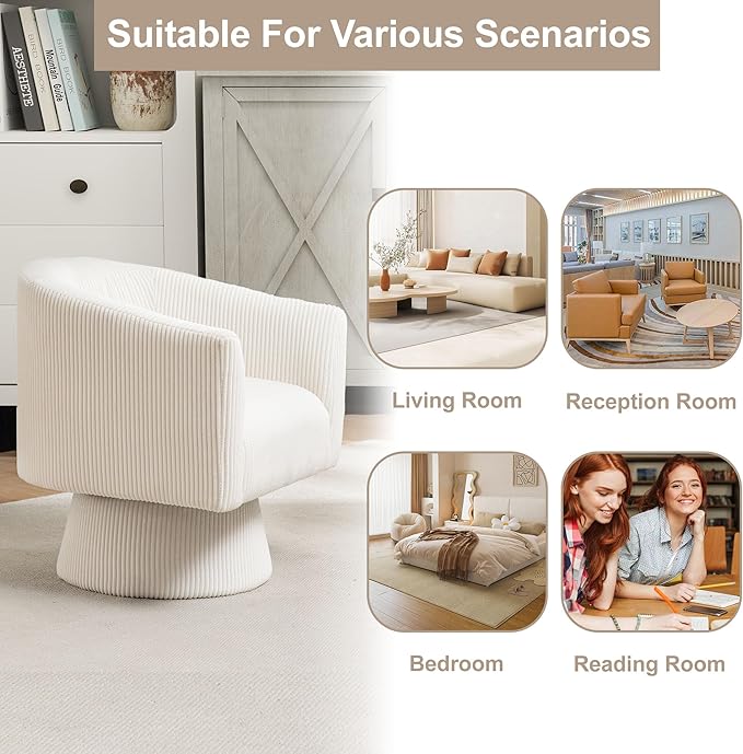 Swivel Accent Chair Set of 2, Modern 360° Swivel Barrel Chair, Corduroy Upholstered Single Sofa for Living Room, Bedroom (Beige)