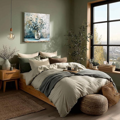 Framed Eucalyptus Leaf Wall Art, Sage Green Botanical Canvas Print, Rustic Farmhouse Bathroom Wall Decor, Soft Blue Floral Aesthetic Picture for Bedroom living Room 16x16 inch