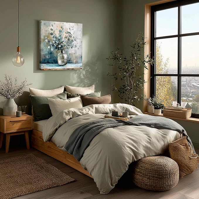 Framed Eucalyptus Leaf Wall Art, Sage Green Botanical Canvas Print, Rustic Farmhouse Bathroom Wall Decor, Soft Blue Floral Aesthetic Picture for Bedroom living Room 12x12 inch