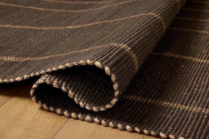 Loloi Leanne Ford Weatherstaff Collection WTS-01 Espresso/Natural 2'-6" x 9'-9" Runner Rug Jute, Striped, Neutral, Hallway, Kitchen, Mudroom, and Bathroom