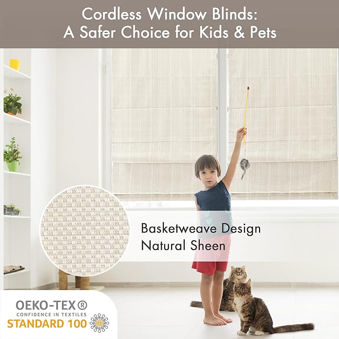 Madison Park Galen Cordless Roman Shade, 33"W x 64"H, Sheen Ivory – Room Darkening, Thermal Insulated, Energy Efficient Window Blind with Subtle Sheen Basketweave Fabric for Privacy