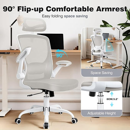 High Back Ergonomic Office Chair, Home Office Mesh Desk Chairs with Lumbar Support, Flip-up Armrests, Swivel Computer Chair for Gaming, Light Gray