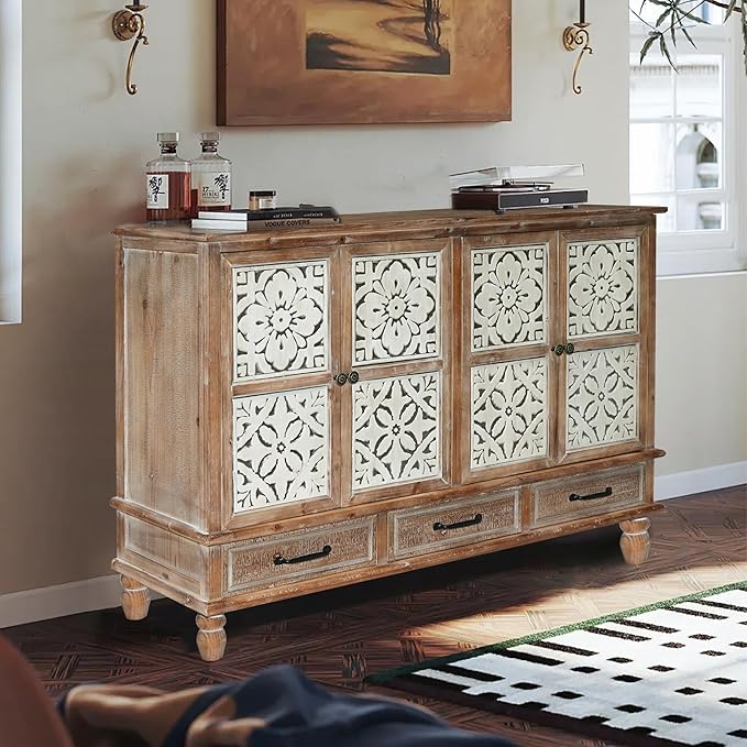 Accent Cabinet with 4 Doors & 3 Drawers, Hollow Carved Storage Sideboard, Wood Buffet Cabinet for Living Room, Dining Room, Entryway (4-Door + 3 Drawers)