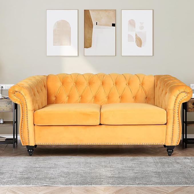 2 Piece Living Room Furniture Set, Velvet Loveseat and Chair Set, Mid Century Modern Upholstered Sofa Couch with Cushions, Comfy Tufted Chesterfield Couches for Living Room, Bedroom, Office