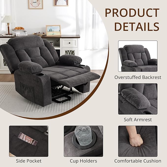 Dual Motor Power Lift Recliner for Elderly, Large Electric Lift Recliner with Massage and Heat, Cup Holders, Side Pocket, Fabric(Dark Grey)