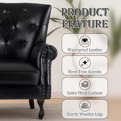 Modern Faux Leather Accent Chair, Upholstered Mid-Century Armchair with Solid Wood Legs, Single Sofa Chair for Living Room, Bedroom, or Reading Room（Black）