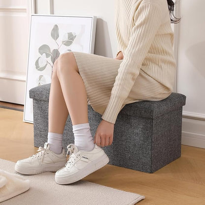 CUYOCA Storage Ottoman Bench Foldable Seat Footrest Shoe Bench End of Bed Storage with Flipping Lid, 75L Storage Space, 30 inches Linen Fabric Dark Grey