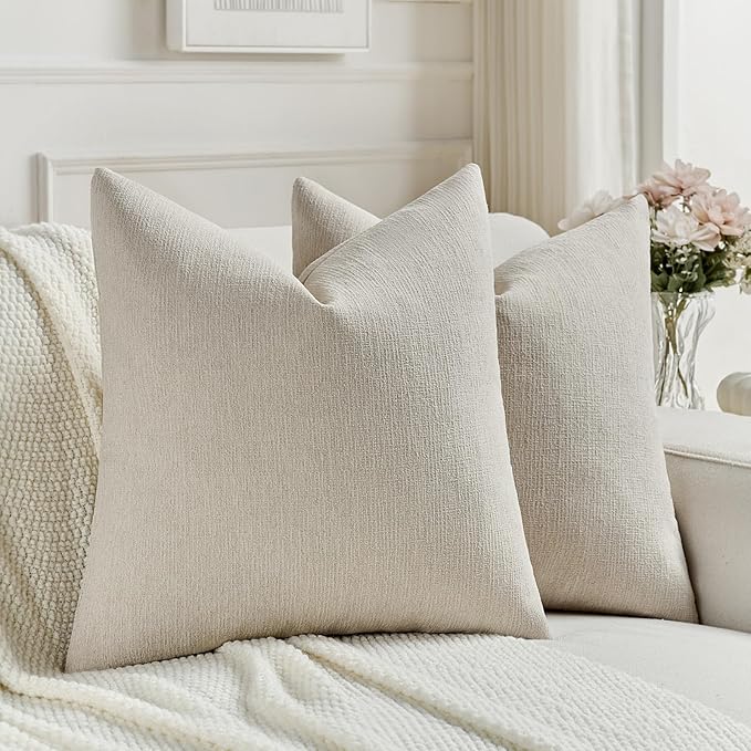 FUTEI Beige Chenille Decorative Throw Pillow Covers 20x20 Inch Set of 2,Soft Cozy Faux Linen Textured Cushion Case,Farmhouse Home Decor for Couch Living Room