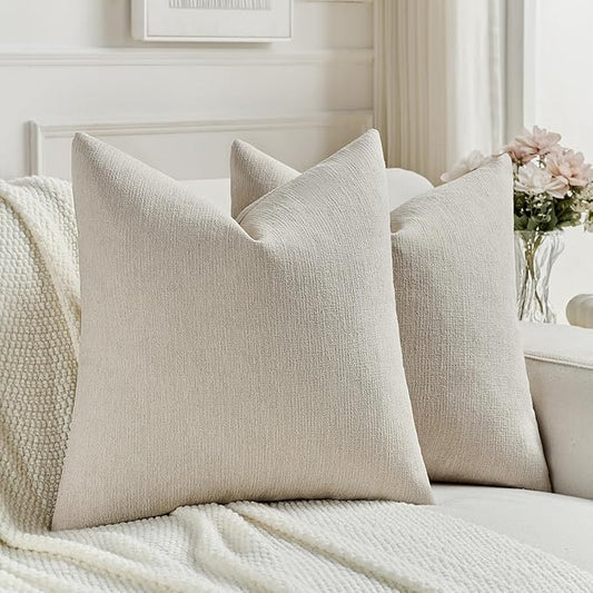 FUTEI Beige Chenille Decorative Throw Pillow Covers 16x16 Inch Set of 2,Soft Cozy Faux Linen Textured Cushion Case,Farmhouse Home Decor for Couch Living Room