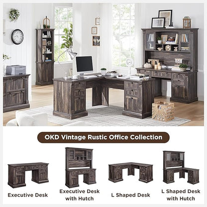 OKD 60" Executive Desk with Hutch and Drawers, Farmhouse Home Office Desk with Charging Station, Keyboard Tray, File Cabinet Storage, Wood Computer Desk for Work and Study, Dark Rustic Oak