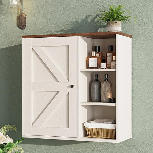 Bathroom Wall Cabinet, Farmhouse Medicine Cabinet with Barn Doors and Adjustable Shelves, 24'' Kitchen Wall Mounted Cabinet, Floating Over Toilet for Kitchen, Living Room