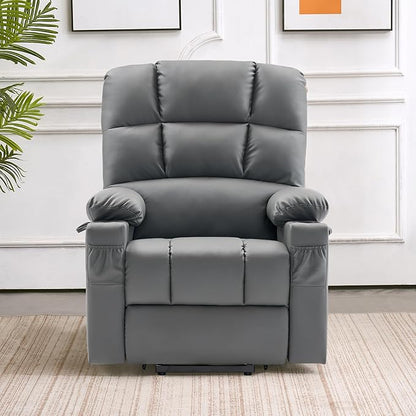 MCombo Medium Lay Flat Dual Motor Power Lift Recliner Chair Sofa with Massage and Heat for Elderly People, Infinite Position, Faux Leather 7679 (Dark Grey, Medium)