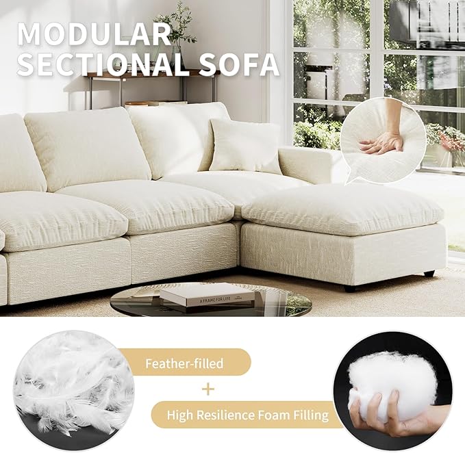 Linen Modular Sectional Sofa Cloud Couch for Living Room,Sleeper Sofa Bed,95.4 Inch Couches Cushion Covers Removable,Cozy Feather Down Sofa for Apartment Beige
