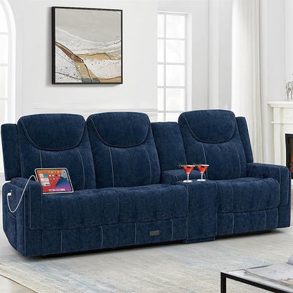 Recliner Sofa, 2 - Way Multi - Function Manual 3 Seater Couch with Cup Holders, Storage & USB Ports, Modern Multifunctional Sofa, Cloud-Like Blue Fabric Reclining Couch for Living Room