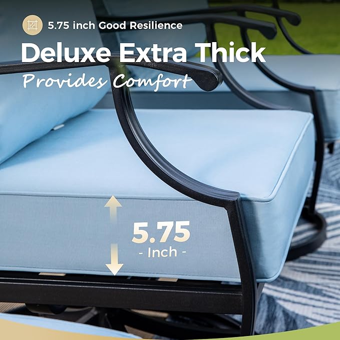 Patio Furniture Set with Firepit Table, 4 Pcs Metal Outdoor Conversation Set, 2 Swivel Chairs and 3 Seater Sofa with 5.75" Extra Thick Cushion and Gas Fire Pit Table for Backyard Deck, Blue