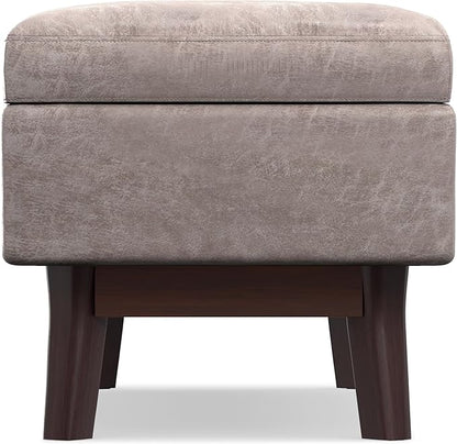 SIMPLIHOME Owen 48 inch Wide Mid Century Modern Rectangle Rectangular Storage Ottoman in Distressed Grey Taupe Vegan Faux Leather, Assembled, for the Living Room, Entryway and Family Room