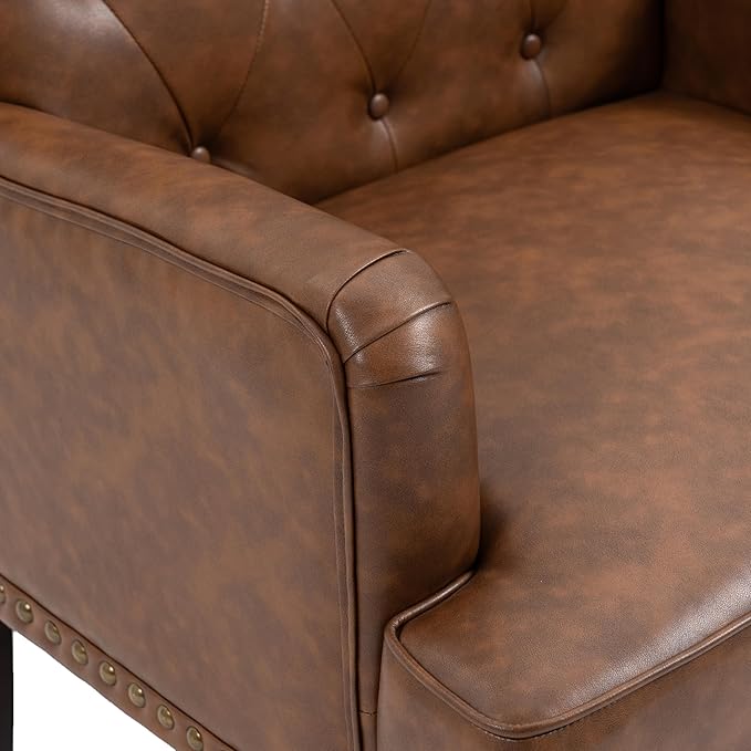 Pia Ricco PU Leather Accent Chair: Modern Nailhead Trim Armchair with Wooden Legs - Upholstered Reading Seat for Office, Living Room, Bedroom-Brown