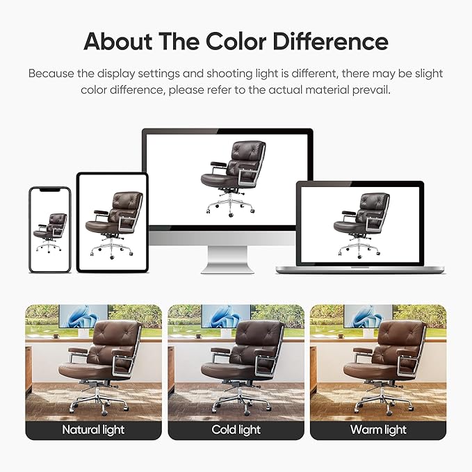 Genuine Leather Office Chair, Mid Back Executive Desk Chairs with Aluminum Arms and Wheels, Swivel Office Leather Chair with Thickened Backrest and Ergonomic Lumbar Support, Brown