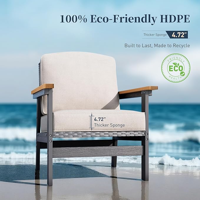 HDPE Outdoor Patio Furniture 3-Piece Set, All Weather Modern Patio Conversation Sets with Wood-grain Extended Table, Outdoor Patio Couch Set, Black Frame with Beige 4.7" Thick Cushions