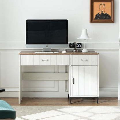 Farmhouse 47" Executive Desk, Home Office Desk with File Drawer and Power Outlet, Computer Desk with 2 Drawers and 1 Storage Cabinet, Workstation for Office Home (White)