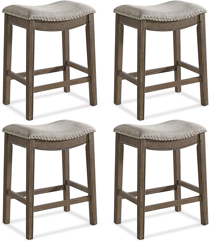 ROME + OAK Set of 4 Parker 26 Inch Counter Stool, Backless Saddle Kitchen Barstool in Walnut Finish with Grey Fabric Upholstery Cushion Seat