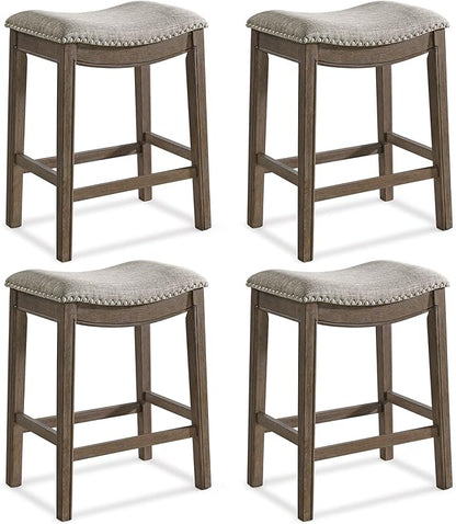 ROME + OAK Set of 4 Parker 26 Inch Counter Stool, Backless Saddle Kitchen Barstool in Walnut Finish with Grey Fabric Upholstery Cushion Seat