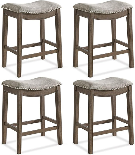 ROME + OAK Set of 4 Parker 26 Inch Counter Stool, Backless Saddle Kitchen Barstool in Walnut Finish with Grey Fabric Upholstery Cushion Seat