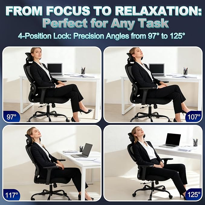 Ergonomic Office Chair with Adjustable Headrest & 3D Armrests, High Back Mesh Desk Chair with Lumbar Support, Reclining Lock 97°-125°, Swivel Computer Task Chair for Home Office, 300 LBS