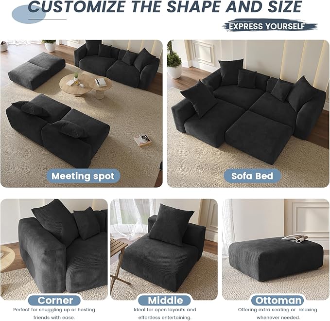 WJShome Modular Sectional Sofa Couch,181.1inch Oversized 4 Seater Couch, Upholstered with Corduroy Fabric Couches with 6 Pillows,Cushion Covers Removable& Washable,for Living Room