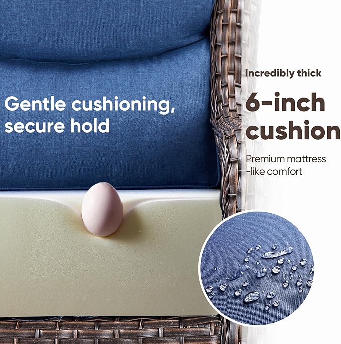 Swivel Patio Chairs sofa Set of 7 with 6" Thick Cushion - Wicker Outdoor Swivel Rocker Patio Chair ,Sofa/Glass coffee table, High Back Comfortable Outdoor Glider Chairs - Brown Wicker Blue Cushion