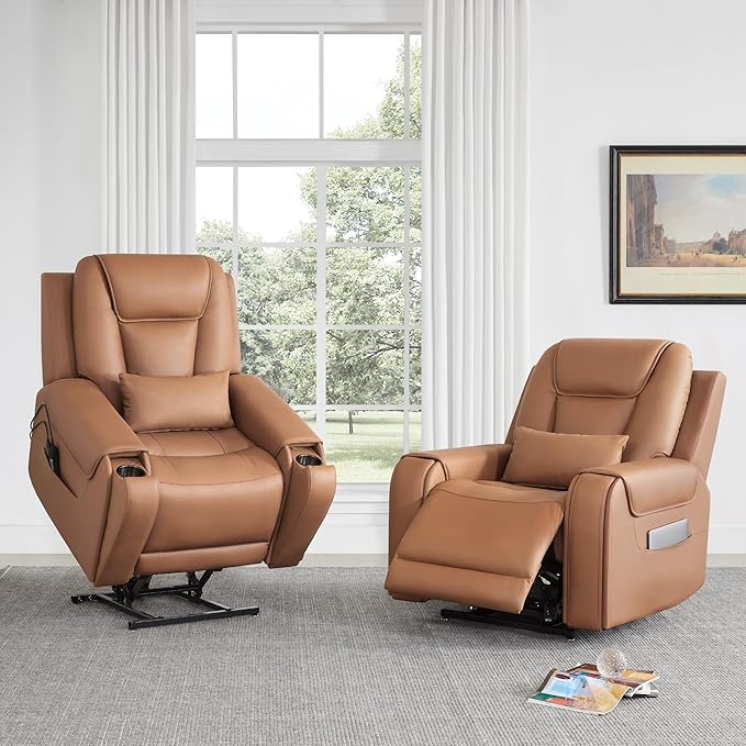 CHITA Electric Power Lift Recliner Chair for Elderly with Massage and Heat, Large Lay Flat Genuine Leather Recliner Chair with Cup Holders, USB Ports, Power Headrest, Independent Backrest, Saddle