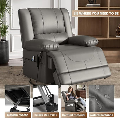 Large Dual Motor Power Lift Recliner Chair with Massage and Heat for Elderly People, Infinite Position,USB Ports and Remote Control,Breathable Leather (Gray)