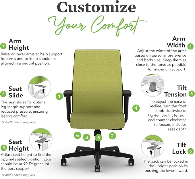 HON Ignition 2.0 Mid Back Task Chair, Spectrum Mesh, Standard Synchro-Tilt Control, Office Chair with Lumbar Support, Height and Width Adjustable Arms, Black Frame, Pear