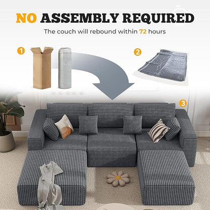 113" Modular Sectional Sofa, Convertible U-Shaped Cloud Couches for Living Room with Ottoman, 5 Seater Corduroy Boneless Couch Sofa Set, No Assembly Required, Grey 1 PCS