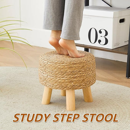Round Ottoman Natural Seagrass Footstool, Round Footstool with 4 Wood Legs, Hand Woven Round Footstool Sofa Stool, Multifunctional Modern Dressing Stool, Sofa Side Table for Bedroom (Nature)