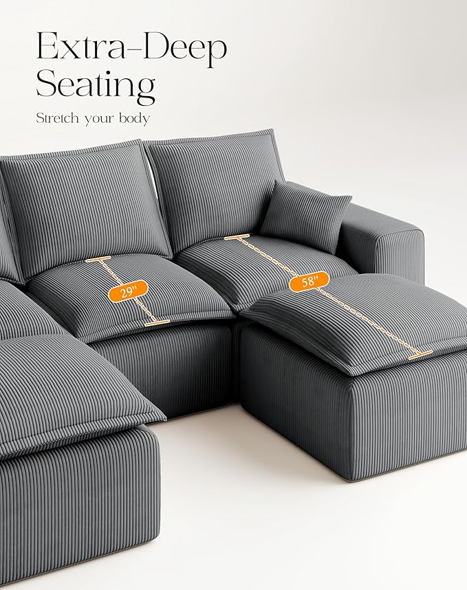 107" Comfy Cloud Couch with U-Shape Chaise & Deep Seat, Modular Sectional Sofa in a Box, Boneless Upholstered Couches for Living Room, No Assembly Required (Soft Corduroy, Gray)