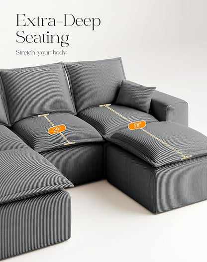 107" Comfy Cloud Couch with U-Shape Chaise & Deep Seat, Modular Sectional Sofa in a Box, Boneless Upholstered Couches for Living Room, No Assembly Required (Soft Corduroy, Gray)