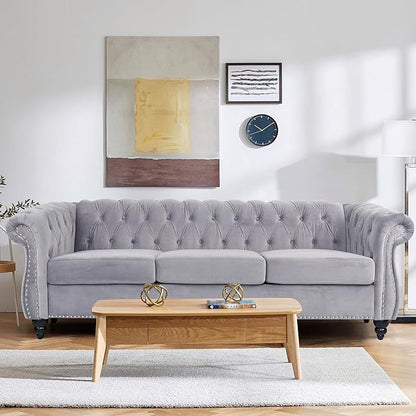 2 Piece Living Room Sofa Set, 3 Seater Velvet Sofa Couch and Chair Set, Mid Century Modern Upholstered Couch with Cushions, Comfy Tufted Chesterfield Couches for Living Room, Bedroom, Office