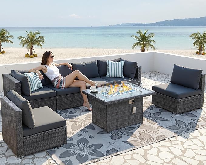 NICESOUL 29.3'' High Back Outdoor Patio Sectional Furniture Sofa Set with Fire Pit Table Natural Gas/Propane, 7 Piece Luxury Extra-Large Wicker Conversation, Deep Wide Couches for Backyard, Dark Gray