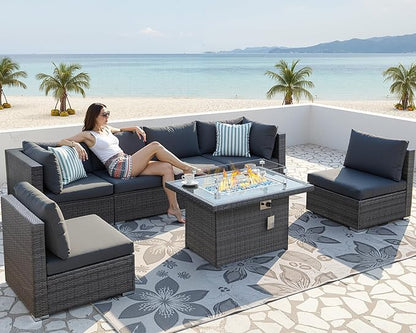 NICESOUL 29.3'' High Back Outdoor Patio Sectional Furniture Sofa Set with Fire Pit Table Natural Gas/Propane, 7 Piece Luxury Extra-Large Wicker Conversation, Deep Wide Couches for Backyard, Dark Gray