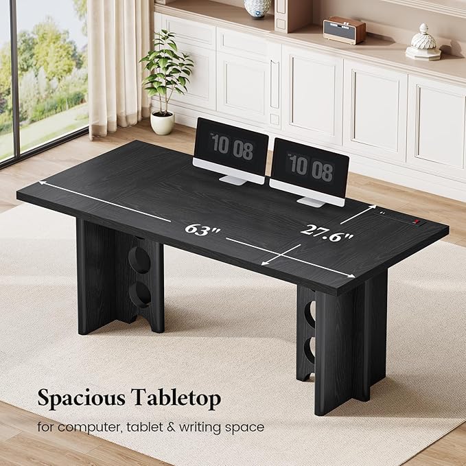 63 Inch Executive Desk, Large Computer Office Desks with Power Outlet, Modern Laptop Desk Writing Table Workstation Business Furniture (Black)