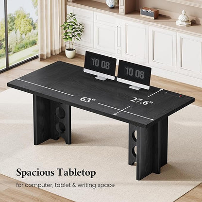 63 Inch Executive Desk, Large Computer Office Desks with Power Outlet, Modern Laptop Desk Writing Table Workstation Business Furniture (Black)