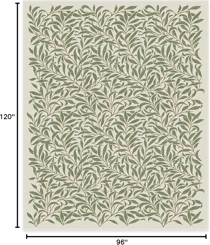 RUGGABLE x Morris & Co Washable Area Rug– Pure Willow Boughs Green 8x10, Stain-Resistant, Non-Slip – Large Machine Washable Rugs for Living Room, Bedroom, Hallway, Entryway & Office–with Standard Pad