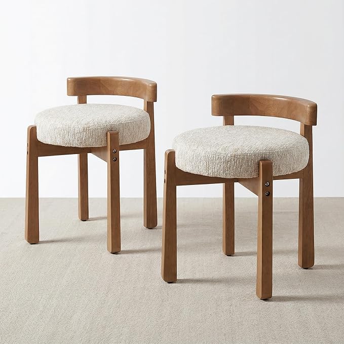 HNY Modern Chenille Vanity Chairs & Ottoman Set of 2 Upholstered Round Seat with Solid Wood Legs, for Makeup Dressing, Living Room Footrest or Piano Bench, Beige