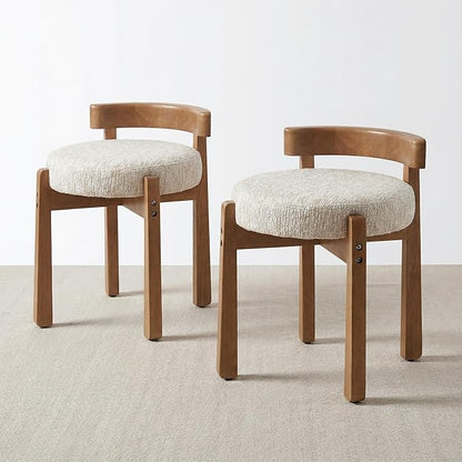 HNY Modern Chenille Vanity Chairs & Ottoman: Upholstered Round Seat with Solid Wood Legs, for Makeup Dressing, Living Room Footrest or Piano Bench, Beige
